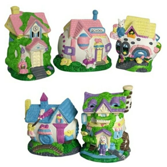 Easter Set Of 5 Enesco Bunny Patch Pastel Ceramic Houses 5" Figurines Decor Lot - Picture 1 of 5